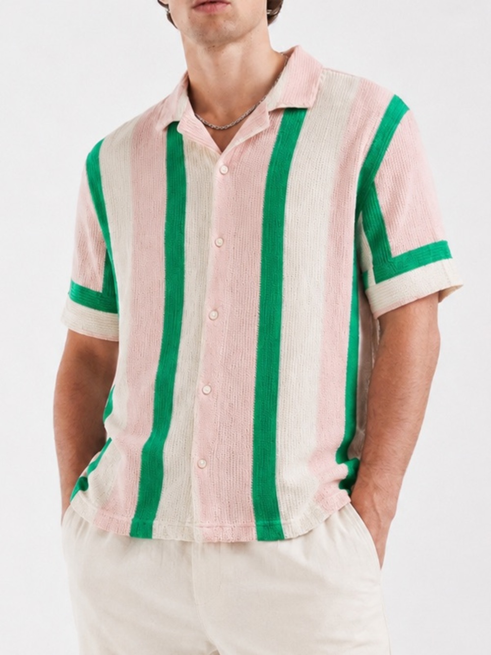 Forever 21 Men Shirt XL Pink Green Cream Striped
